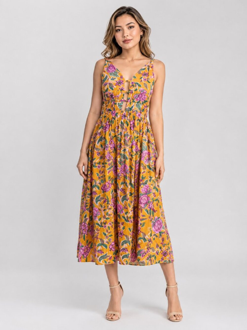 Caroline Constas Miranda Floral Midi Dress | Size Medium | Orange Pink Botanical